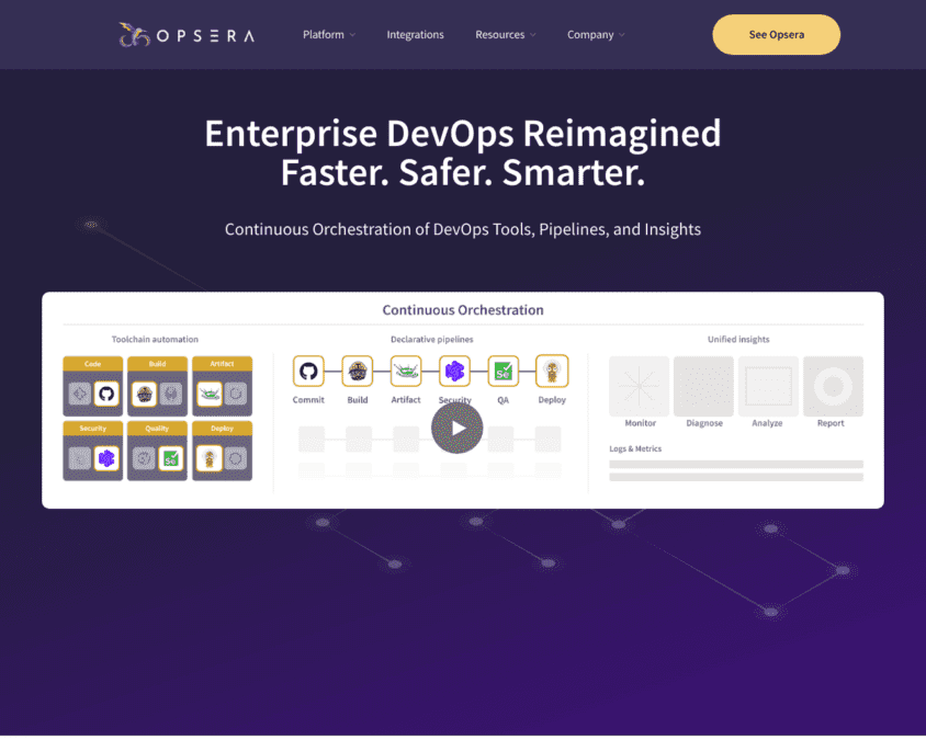 Opsera company homepage snapshot