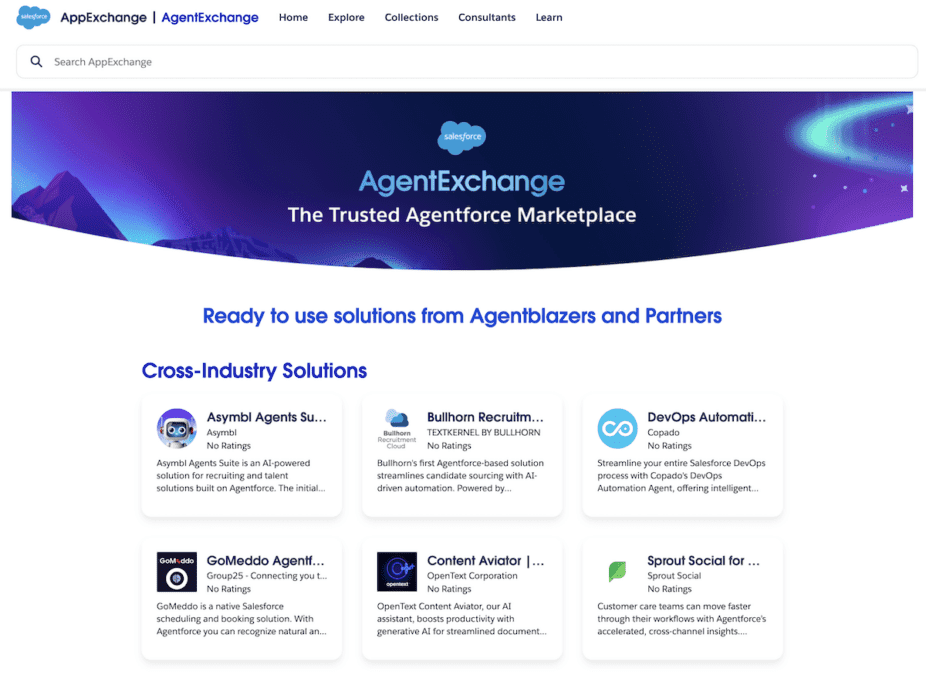 Screenshot of Salesforce AgentExchange Marketplace homepage showcasing cross-industry AI solutions from Salesforce partners like Asymbl, Bullhorn, Copado, GoMeddo, OpenText, and Sprout Social.