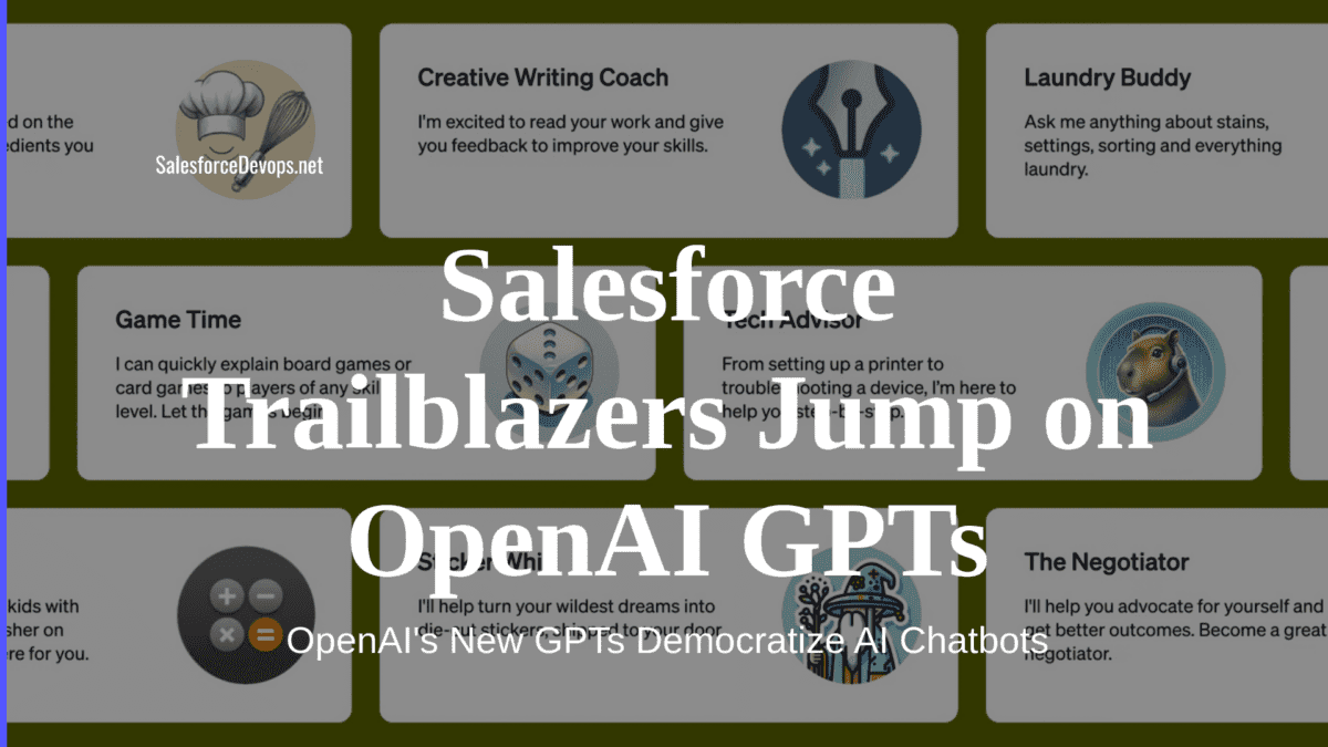 a digital presentation slide related to Salesforce, with a focus on various support roles and applications. In the center, "Salesforce Trailblazers Jump on OpenAI GPTs Democratize AI Chatbots" is prominently displayed, indicating a theme of innovation and adoption of AI technology within the Salesforce community. Around this central text are six icons, each representing a different support or service role, such as a creative writing coach, tech advisor, and laundry buddy, suggesting a diverse range of applications.