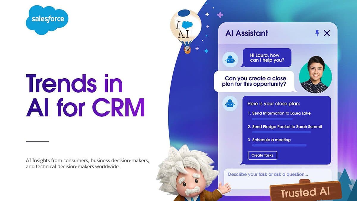 Salesforce's "Trends in AI for CRM" report cover image featuring an AI assistant chat interface. The image showcases a conversation between an AI bot and a user named Laura, demonstrating AI's capability to create a close plan for a sales opportunity. The Salesforce logo, Einstein character, and "Trusted AI" badge are prominently displayed, emphasizing Salesforce's commitment to AI-powered CRM solutions. The image highlights AI insights from consumers, business decision-makers, and technical decision-makers worldwide.