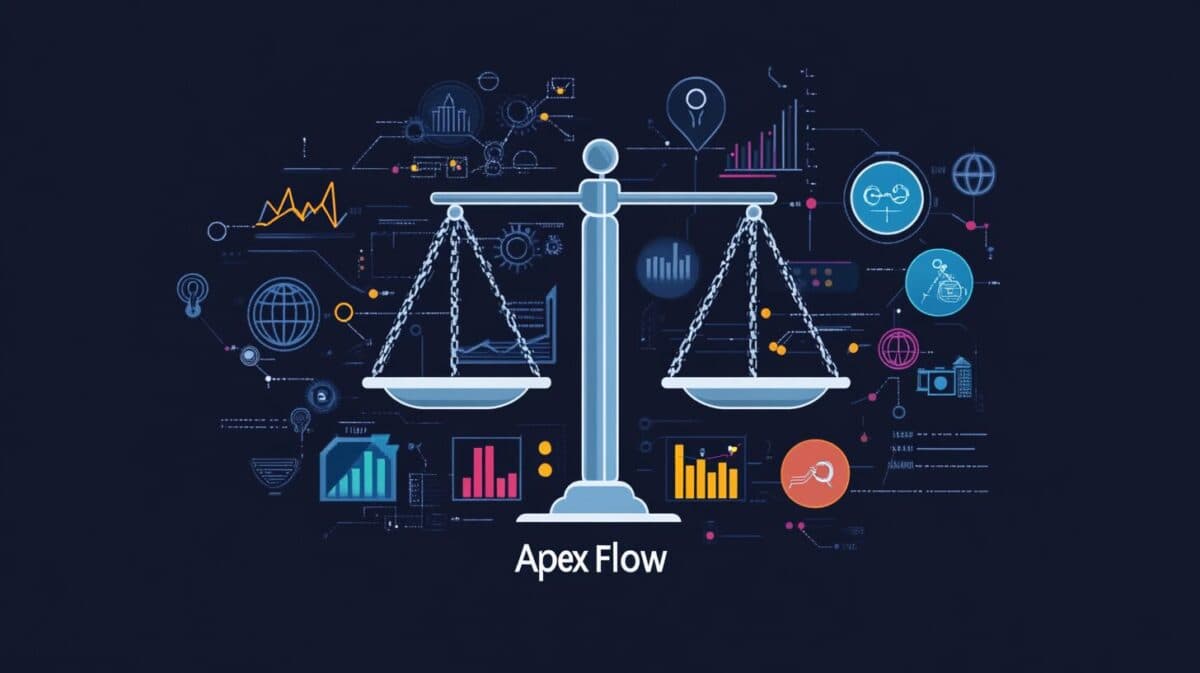 A balance scale with "Apex" on one side and "Flow" on the other, surrounded by icons representing performance, scalability, and customization, illustrating the tradeoffs between the two approaches.