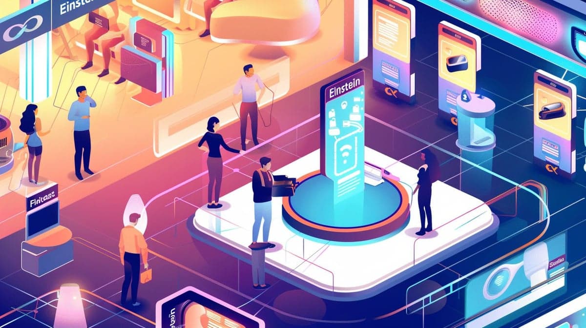 A vibrant, futuristic customer service center featuring an advanced AI assistant interface, with human agents and digital displays showcasing seamless AI-human interaction for efficient customer support.
