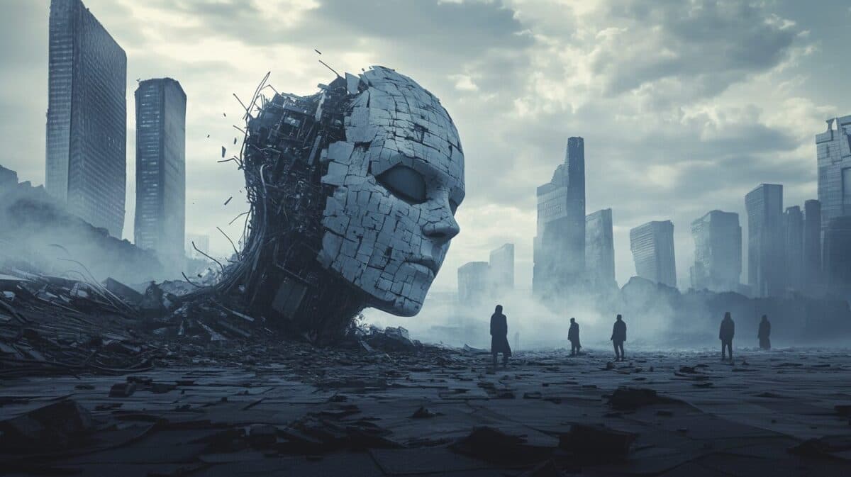 Depicting a dystopian future, this image shows a massive, cracked AI robot head in ruins amidst a desolate cityscape, symbolizing the collapse of technological ambitions and the consequences of failed AI projects.