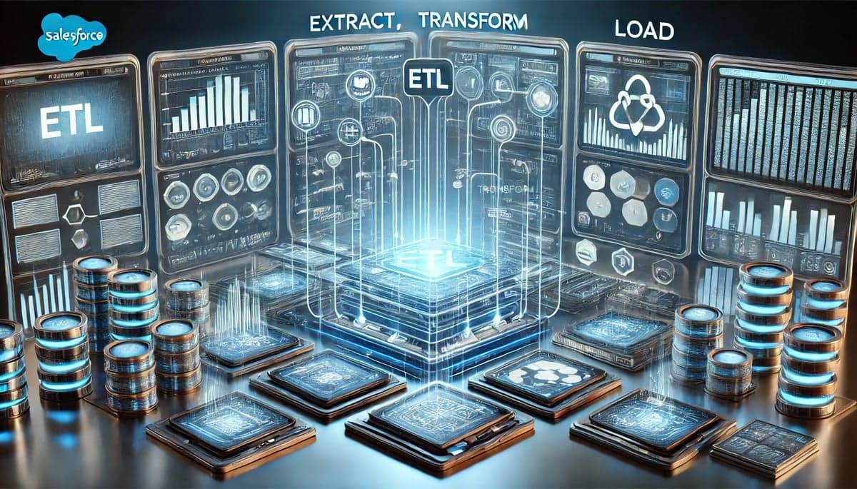 A sleek, futuristic workspace with multiple digital screens displaying data flows, graphs, and integration processes. In the center of the image, a glowing interface shows the ETL process—Extract, Transform, Load