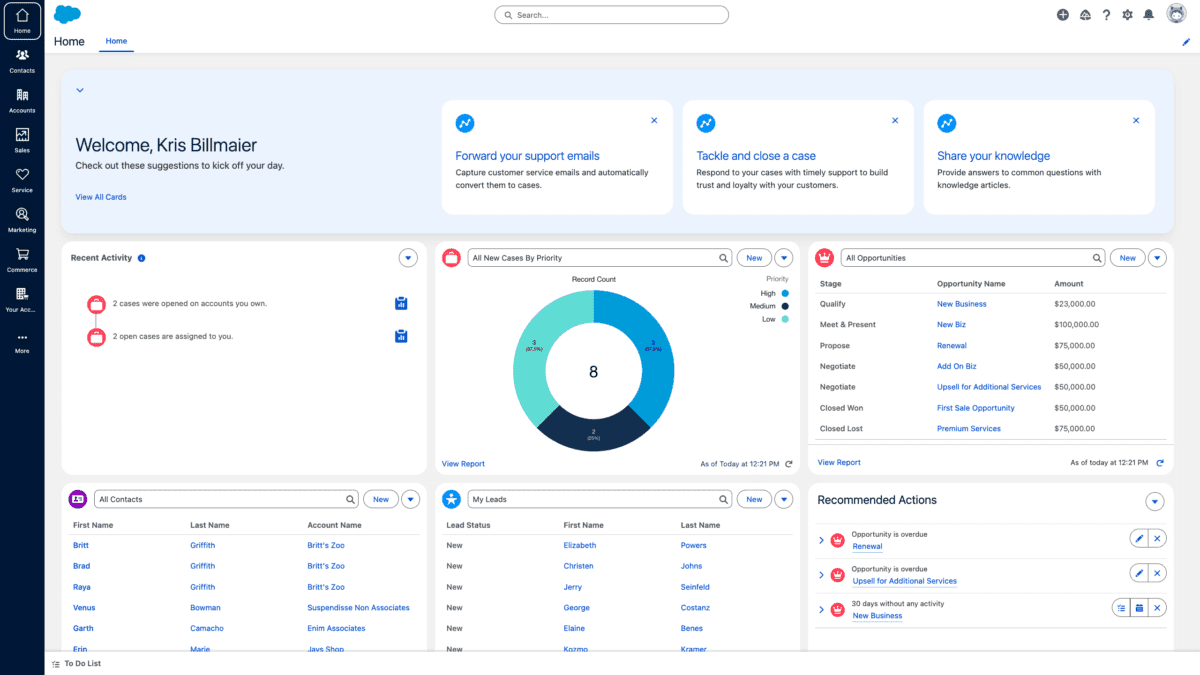 This image displays a customizable home screen in Salesforce, tailored for user productivity and daily task management. The interface highlights recent activity, new cases by priority, opportunities, contacts, leads, and recommended actions. Users can quickly view case assignments, track sales stages, and access important customer data. The design promotes an organized workflow, allowing users to manage support cases, sales opportunities, and leads efficiently. Perfect for Salesforce users aiming to streamline their daily activities and improve business outcomes.