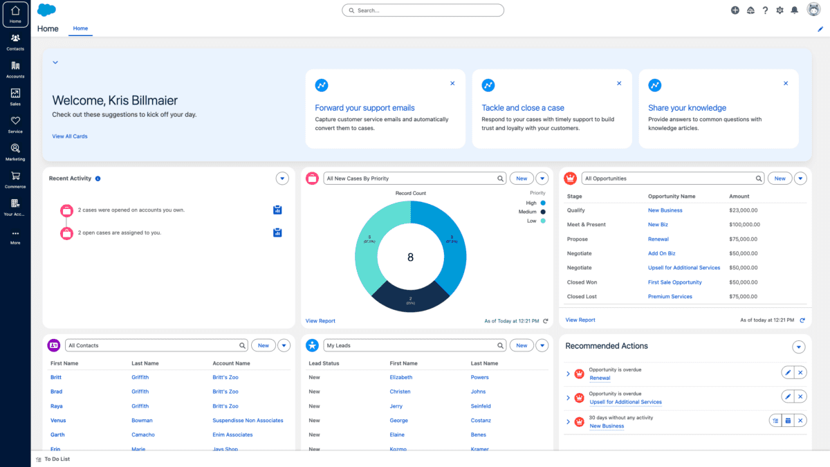 This image displays a customizable home screen in Salesforce, tailored for user productivity and daily task management. The interface highlights recent activity, new cases by priority, opportunities, contacts, leads, and recommended actions. Users can quickly view case assignments, track sales stages, and access important customer data. The design promotes an organized workflow, allowing users to manage support cases, sales opportunities, and leads efficiently. Perfect for Salesforce users aiming to streamline their daily activities and improve business outcomes.