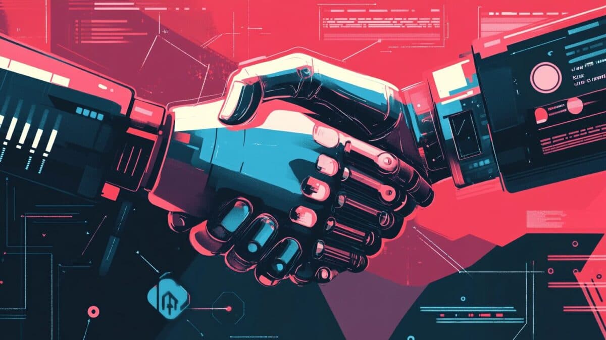 A close-up of a human hand shaking hands with a robotic/AI hand, surrounded by holographic business tools and icons, including Google Docs, CRM dashboards, and code snippets.