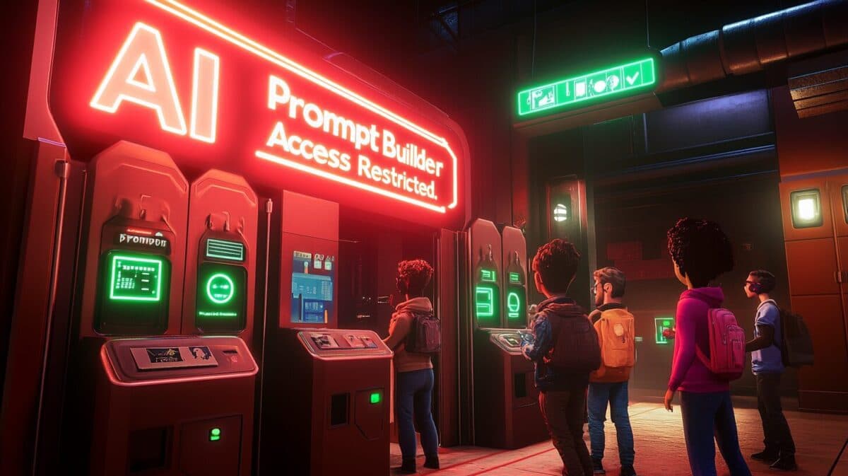 Trailblazers confront a glowing 'AI Prompt Builder' with restricted access, symbolizing challenges in navigating complex AI tools