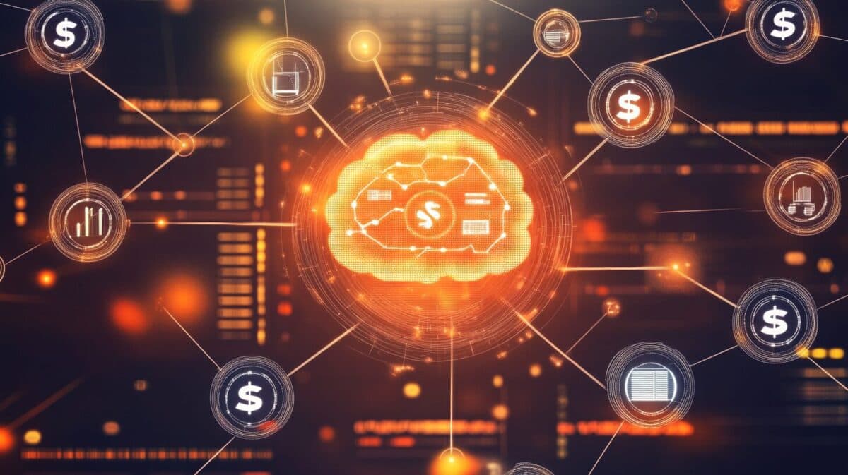 A visual of interconnected neural networks and AI circuits merging seamlessly into business icons like dollar signs, charts, and customer contacts. These symbols are intertwined with a glowing, central AI brain symbolizing the xLAM family. The backdrop could be a dynamic, futuristic landscape of data flowing across servers, representing Salesforce’s platform integration.