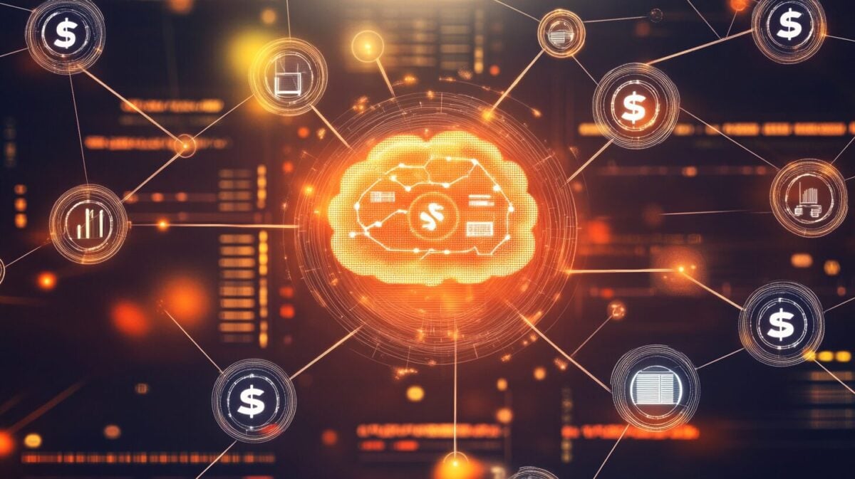 A visual of interconnected neural networks and AI circuits merging seamlessly into business icons like dollar signs, charts, and customer contacts. These symbols are intertwined with a glowing, central AI brain symbolizing the xLAM family. The backdrop could be a dynamic, futuristic landscape of data flowing across servers, representing Salesforce’s platform integration.