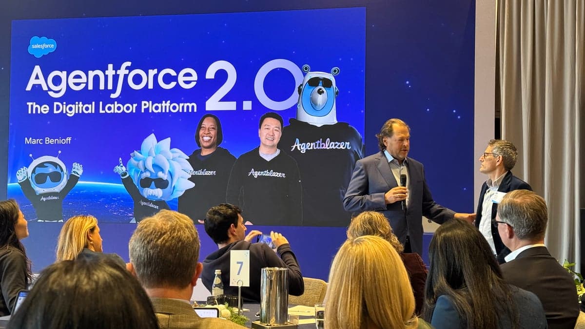 Salesforce CEO Marc Benioff presents Agentforce 2.0, the Digital Labor Platform, featuring the Agentblazer mascot characters during a launch event. The presentation shows animated robot characters wearing sunglasses and Agentblazer branded shirts against a blue cosmic background.