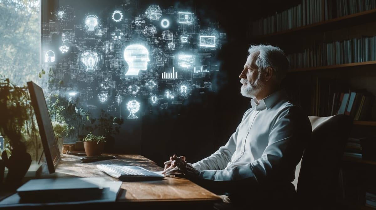 A modern executive seated at a high-tech desk, illuminated by the glow of holographic projections. Surrounding the CEO are floating digital icons representing AI capabilities, such as gears, graphs, and glowing humanoid figures. The background subtly transitions from a traditional office to a digitized, futuristic environment, emphasizing the urgency of transformation