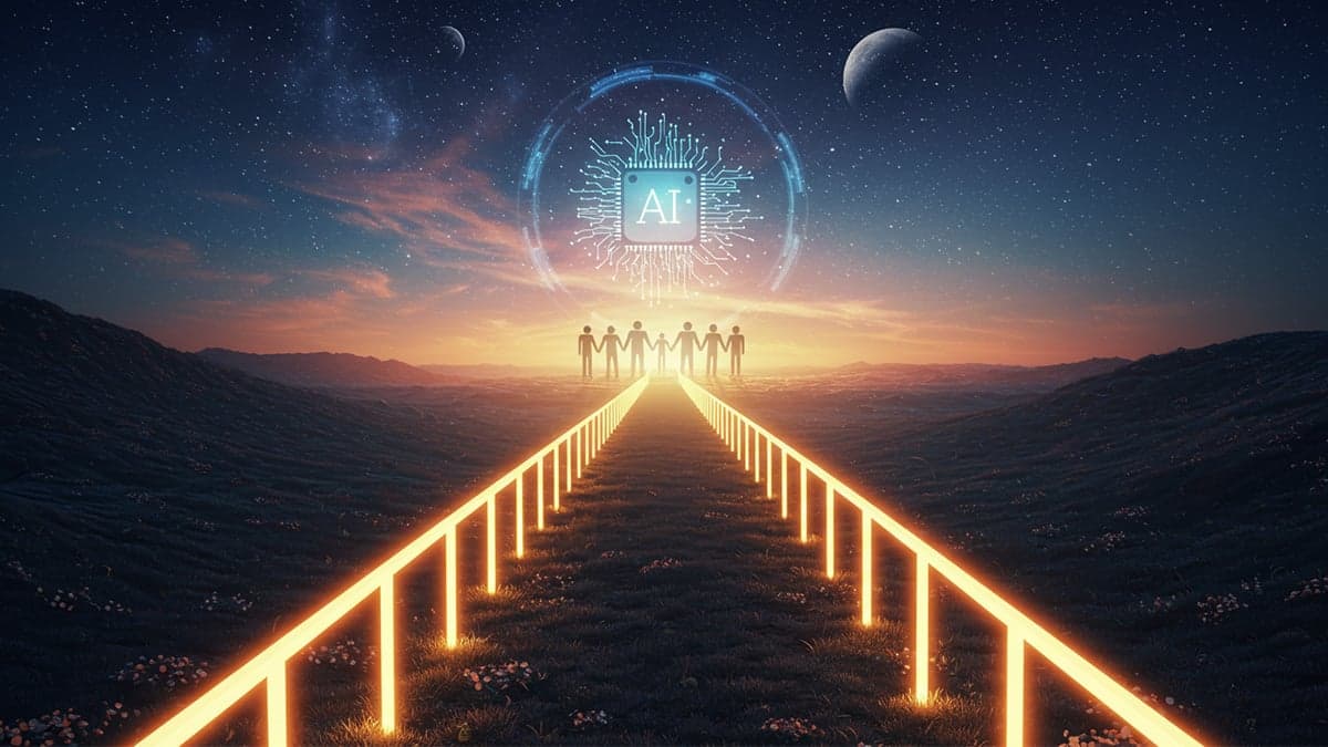 A glowing pathway with illuminated rails stretches into the horizon, symbolizing the structured and ethical guidance of artificial intelligence. The pathway leads to a group of people holding hands, standing beneath an illuminated AI circuit emblem, set against a cosmic background with planets and a vibrant sunrise. Perfect for content emphasizing responsible AI development, ethical practices, and collaborative innovation.