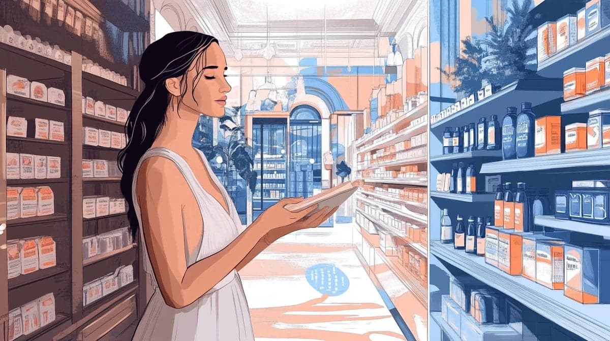 An elegant retail store scene featuring a shopper browsing shelves with a tablet in hand, highlighting modern technology and personalized shopping experiences in a beautifully designed environment