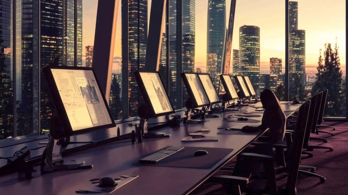 A high-tech corporate office at sunset with rows of empty desks illuminated by glowing computer monitors, symbolizing job displacement and the impact of AI on white-collar employment.