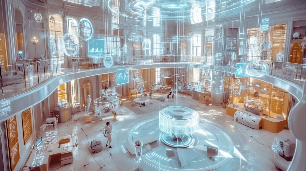 A panoramic view of a futuristic corporate headquarters with AI-driven workstations. Digital AI assistants are seen engaging with human employees, automating complex business tasks across finance, IT, HR, and customer service. The atmosphere is ultra-modern with glowing touch interfaces, real-time data analytics on holographic screens, and a seamless integration of enterprise platforms visualized as interconnected AI nodes hovering above the workspace.