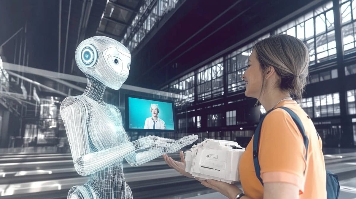 a humanoid AI worker with a sleek, digital-glass exterior stands next to a human manager, exchanging information through an interactive holographic dashboard.