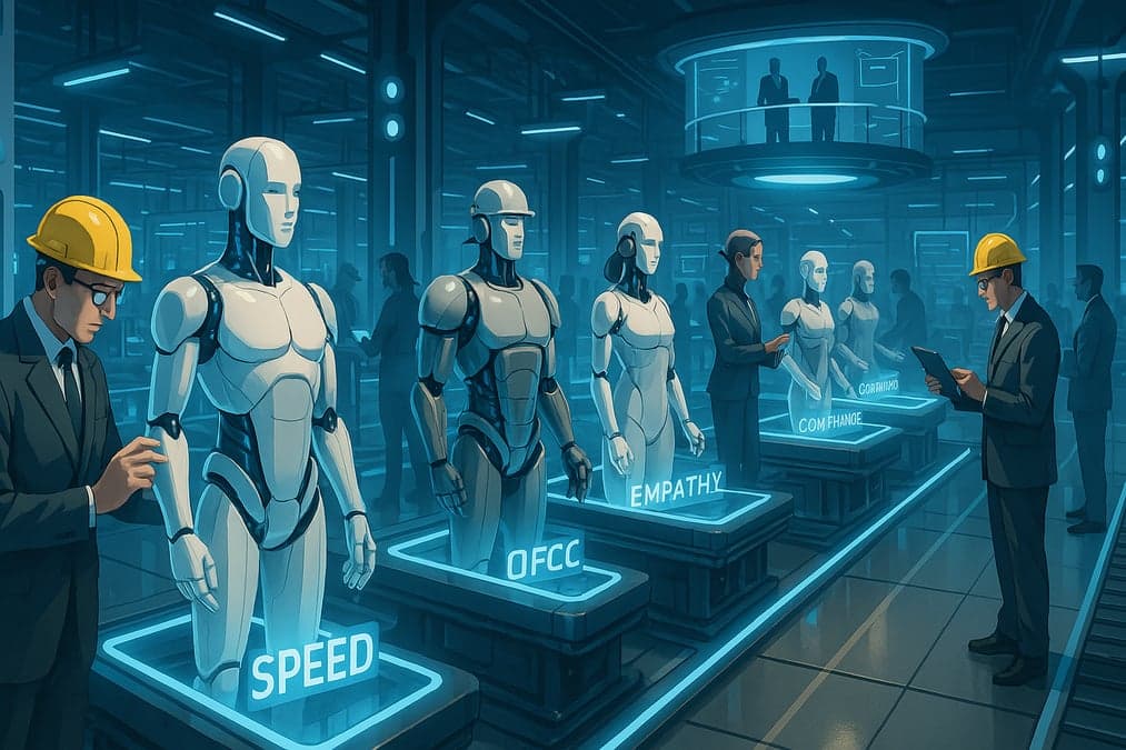 Futuristic factory scene with engineers inspecting AI robots labeled “speed,” “empathy,” and “compliance,” symbolizing advanced enterprise agentic AI solutions.