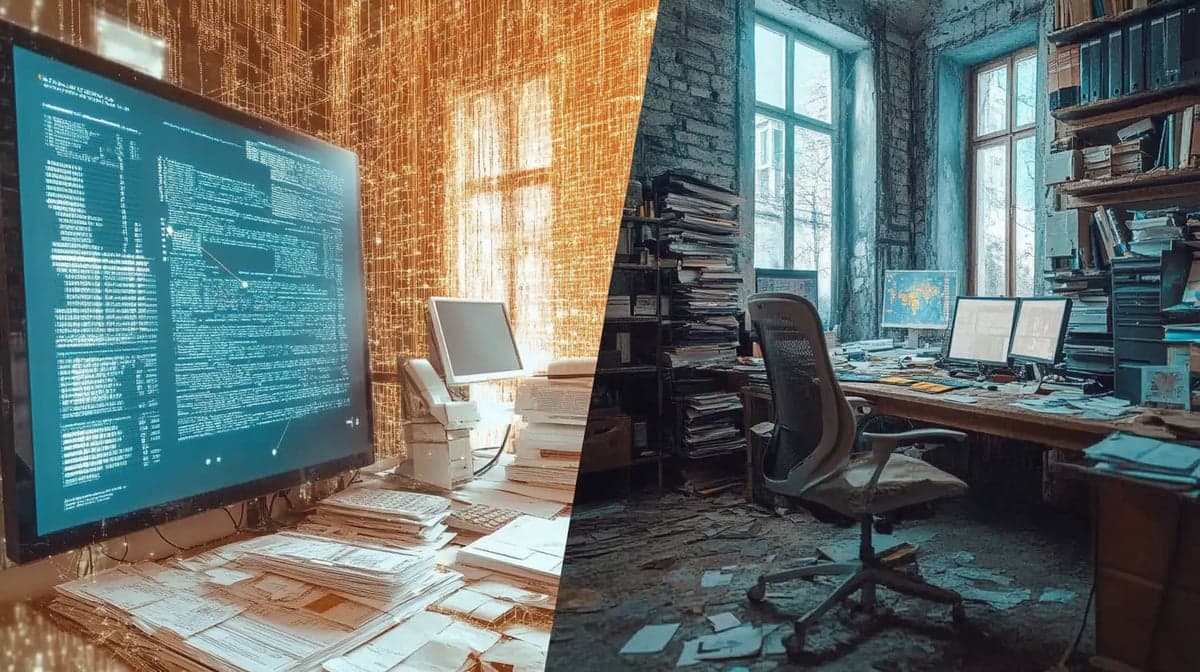 Split-screen image contrasting an advanced, AI-powered workspace with digital data streams and modern technology on one side, against a cluttered, outdated office environment filled with paperwork and legacy equipment on the other, illustrating the enterprise AI readiness divide
