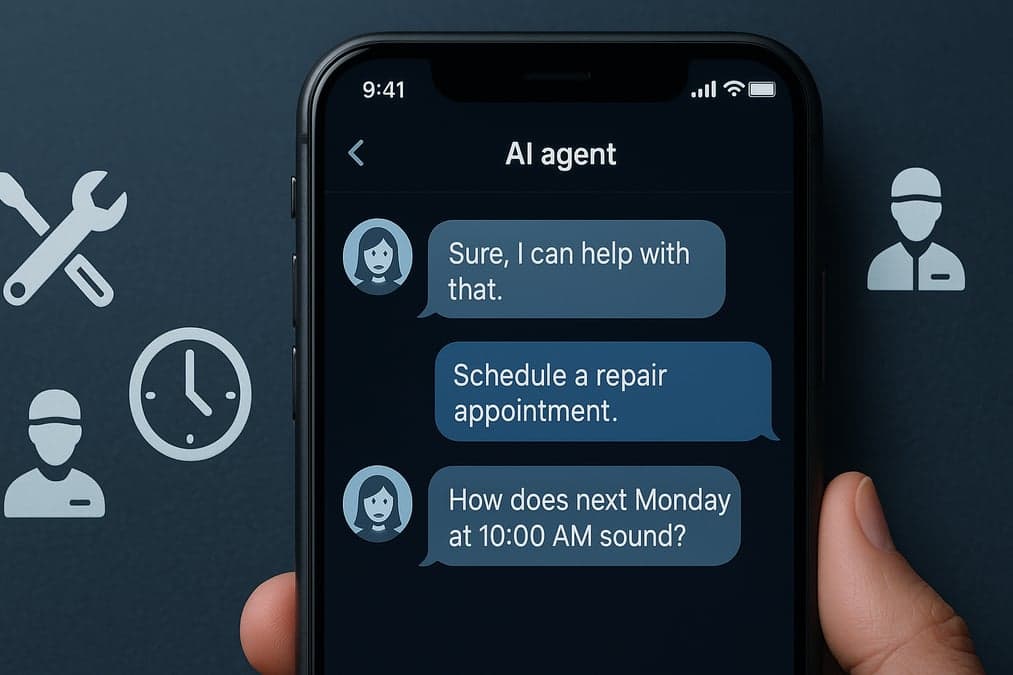 Smartphone displaying Salesforce Agentforce AI scheduling interface with a customer requesting repair appointment and the AI agent suggesting 'next Monday at 10:00 AM' - surrounded by field service icons including technician silhouettes, tools, and clock symbols representing the autonomous scheduling capabilities of the new Field Service AI solution