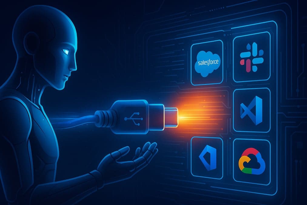 Futuristic AI figure connecting with a USB-C style connector to multiple enterprise platforms including Salesforce, Slack, Visual Studio and Google Cloud - visual representation of the Model Context Protocol as the 'USB-C for AI' standard enabling universal AI integration across digital tools
