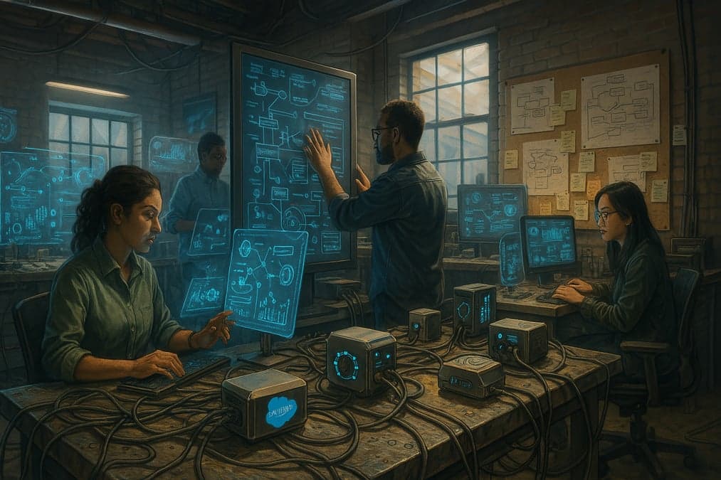 Illustration depicting a futuristic workspace where a diverse team of professionals is interacting with advanced holographic interfaces and digital screens, analyzing complex diagrams and workflows in a tech-driven, collaborative environment.