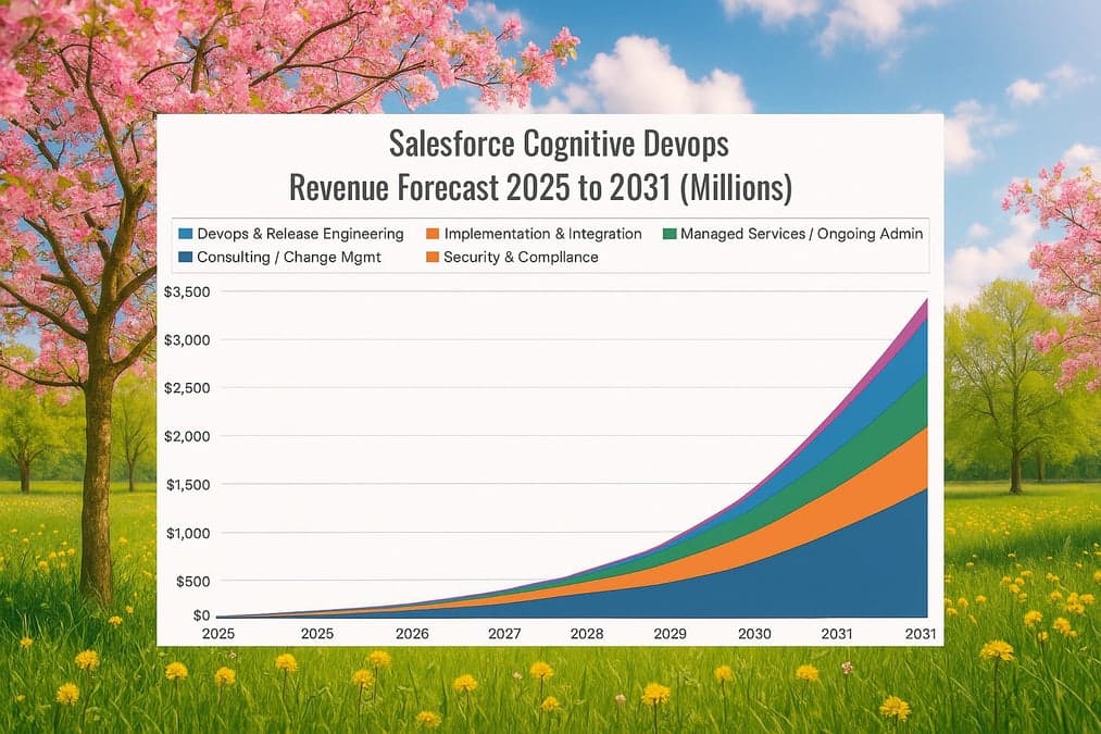 Salesforce Cognitive DevOps revenue forecast chart from 2025 to 2031, showing projected growth across services like DevOps, integration, managed services, and compliance, set against a vibrant spring landscape with cherry blossoms and green meadows.