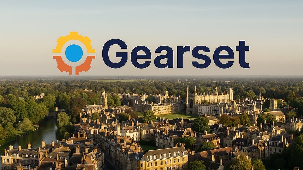 Gearset logo over an aerial view of Cambridge, England, highlighting the company's UK roots and connection to the Salesforce DevOps ecosystem.