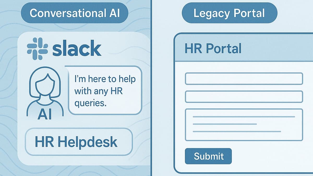 Comparison of Salesforce Agentforce for HR Service: Conversational AI interface in Slack with AI assistant (left) versus traditional form-based Legacy HR Portal (right), illustrating the shift from manual submission workflows to AI-powered conversational employee support