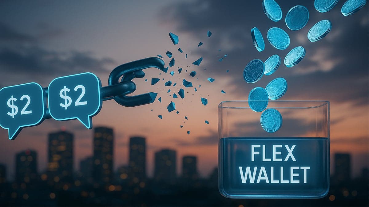 Conceptual 3D illustration of Salesforce's Agentforce pricing transition: $2 conversation bubbles breaking apart into smaller digital coins flowing into a 'FLEX WALLET' container against urban skyline backdrop, representing the shift from conversation-based pricing to granular Flex Credits model announced May 2025.