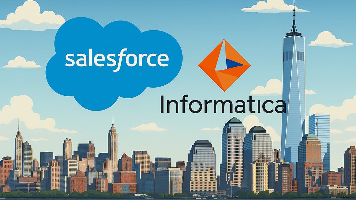 Illustration of Salesforce and Informatica logos hovering above the Manhattan skyline, symbolizing their strategic partnership and integration in enterprise AI and data infrastructure.