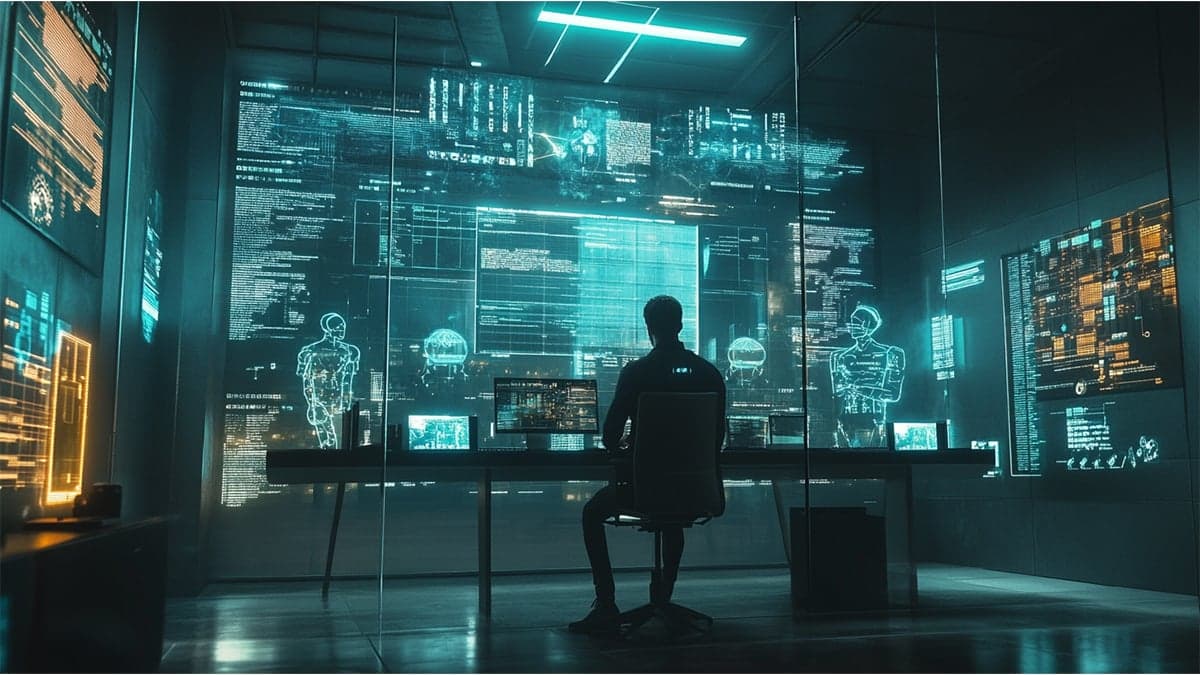 AI project manager monitors holographic dashboards and digital blueprints in a futuristic control room, coordinating autonomous software agents across the software development lifecycle.