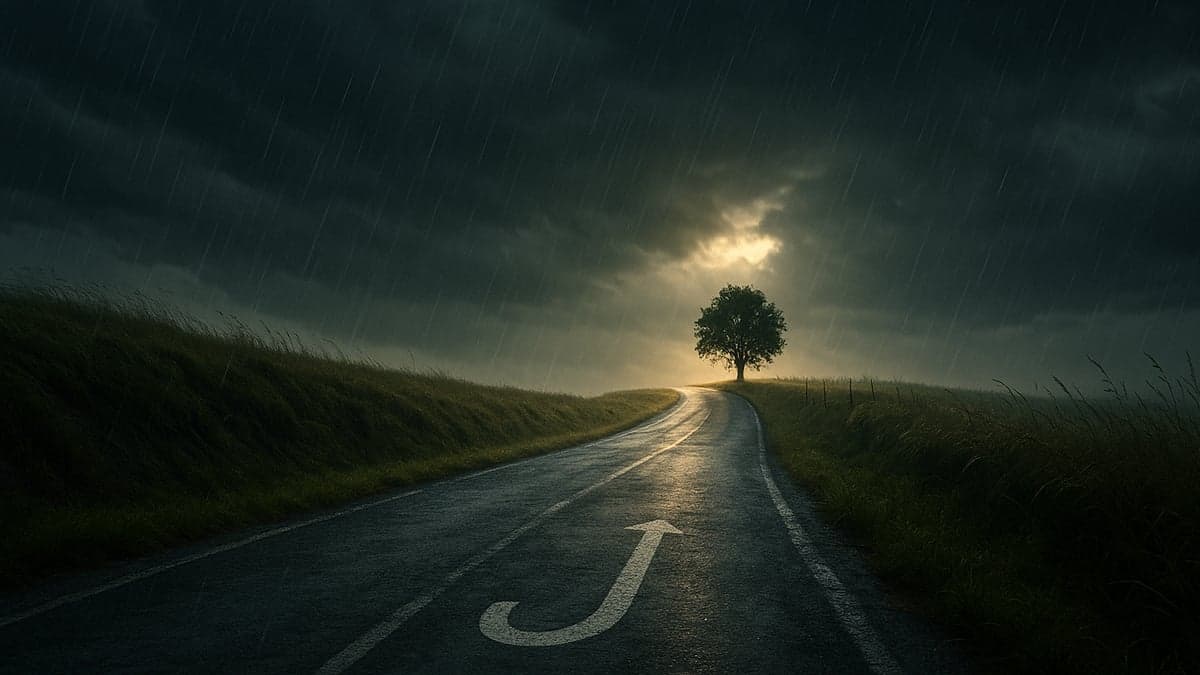 Technology J-Curve concept art: navigating the storm of AI adoption toward breakthrough productivity, symbolic road marking shows transformation path