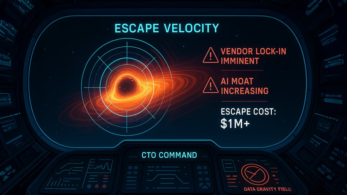 Data gravity visualization showing vendor lock-in warnings, AI moat increasing, and $1M+ escape cost on futuristic CTO command dashboard