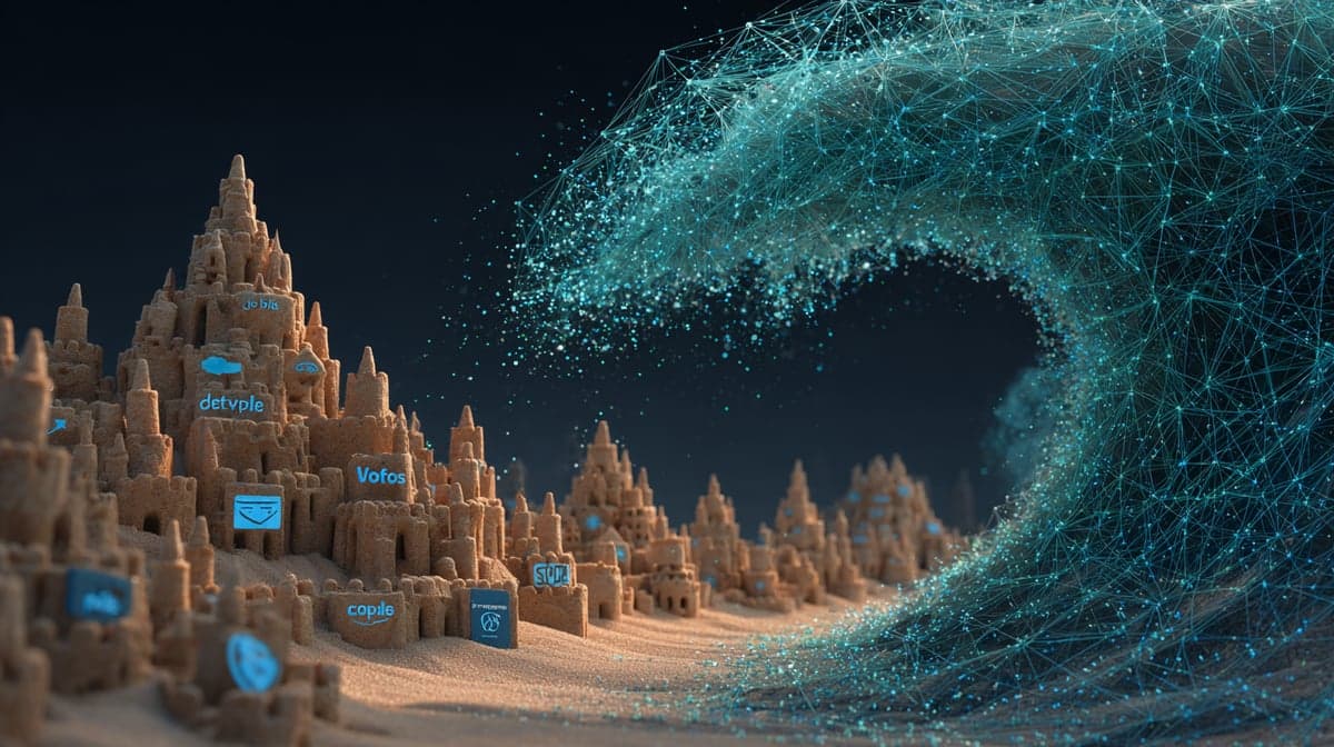 Conceptual illustration of a giant digital wave made of glowing data points crashing toward fragile sandcastle structures labeled with tech vendor logos, symbolizing AI disruption threatening traditional Salesforce DevOps tools.