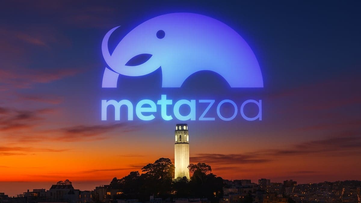 Metazoa logo glowing above San Francisco’s Coit Tower at sunset, symbolizing innovation in Salesforce org management and AI-powered metadata intelligence