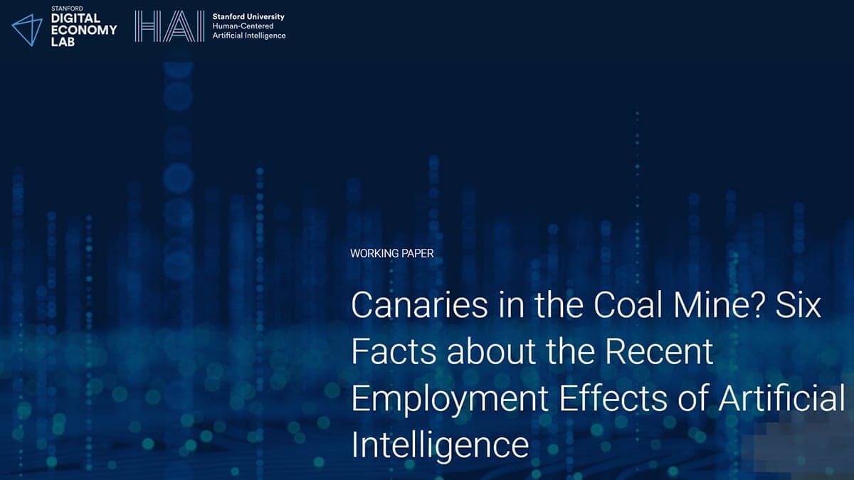 ChatGPT said: Here’s a strong SEO ALT Text for the cover image you uploaded: ALT Text: “Cover page of Stanford Digital Economy Lab working paper titled Canaries in the Coal Mine? Six Facts about the Recent Employment Effects of Artificial Intelligence, highlighting early-career job impacts of generative AI.