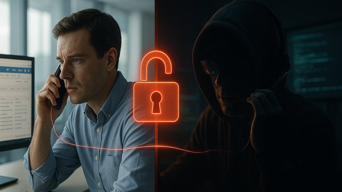 Social engineering vishing attack illustration showing employee on phone with cybercriminal exploiting OAuth security vulnerability