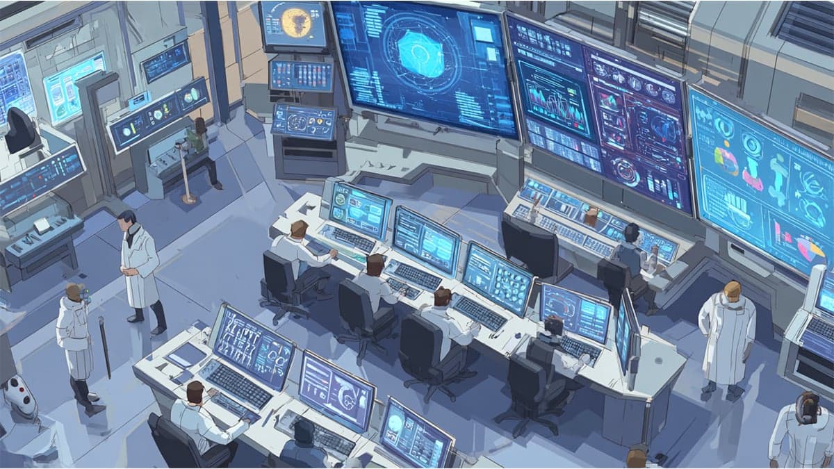 Futuristic enterprise command center with multiple operators monitoring AI and DevOps dashboards on large wall-mounted displays showing real-time data analytics, system metrics, and network visualizations in anime-style illustration