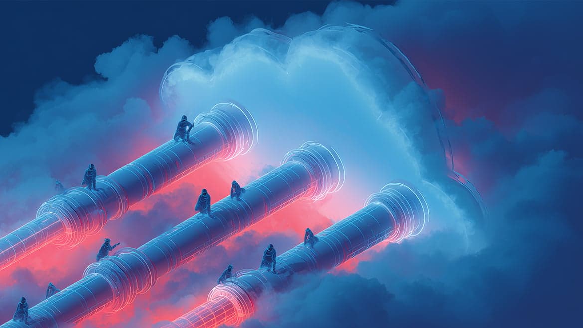 Stylized illustration of cybercriminals siphoning data through glowing pipelines connected to a cloud, symbolizing Salesforce integration attacks and OAuth token breaches