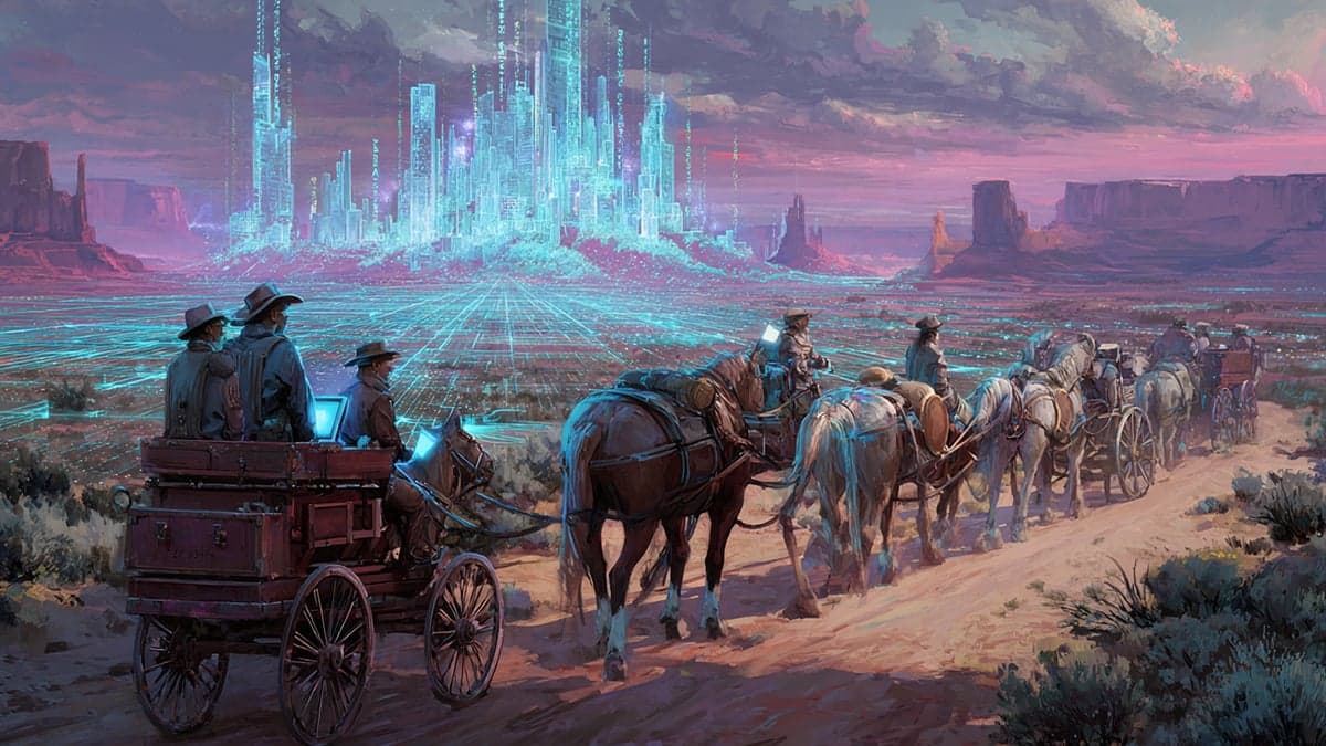 Digital painting of pioneers in the American West leading horse-drawn wagons glowing with blue light toward a futuristic city made of data streams and holographic towers labeled *Agentic Enterprise*. The image symbolizes Salesforce and Slack trailblazing into the new frontier of AI and the Agentic Enterprise.
