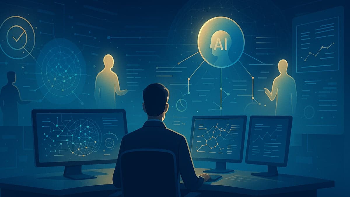 A digital illustration shows a futuristic AI operations control room where a professional sits before three glowing monitors analyzing data networks. Around them, translucent humanoid figures collaborate through holographic interfaces under a central orb marked “AI,” symbolizing multi-agent coordination and intelligent automation. The scene uses deep blue and gold tones to convey innovation and enterprise technology.