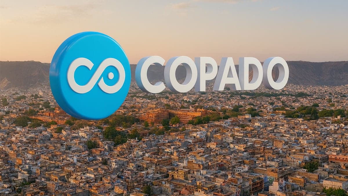 Copado logo over Jaipur India cityscape marking new regional headquarters for Salesforce DevOps platform expansion