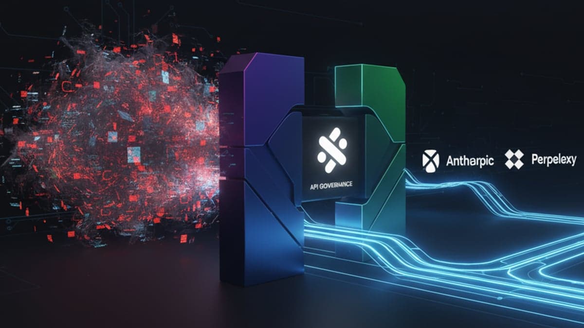 Futuristic Slack API governance gateway visualizing secure data flow, with Anthropic and Perplexity logos, symbolizing controlled AI integration.