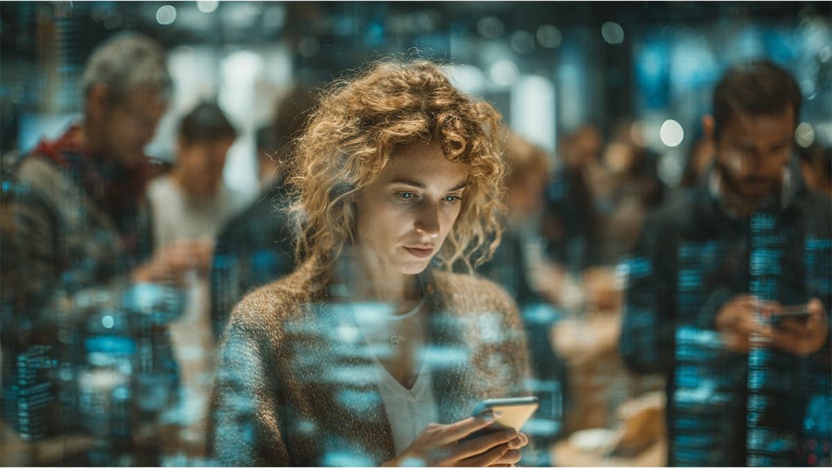 Shopper using smartphone with AI interface overlays for conversational commerce during holiday shopping season representing Agentforce Commerce capabilities