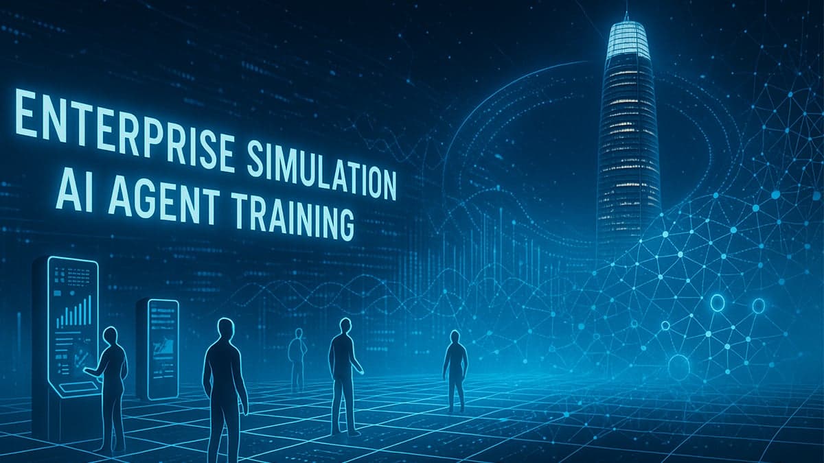 Futuristic digital illustration showing silhouettes of people and AI agents training inside a glowing enterprise simulation grid, with the Salesforce Tower illuminated in the background and the text ‘Enterprise Simulation AI Agent Training’ displayed in bold blue letters.