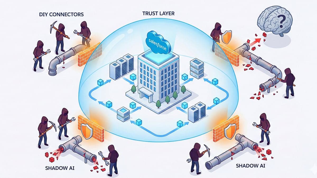 Conceptual illustration of Salesforce Agentforce Trust Layer as protective shield around enterprise CRM infrastructure, with hooded figures representing DIY MCP connectors and shadow AI threats attempting to bypass firewalls and pipe data directly to external AI models