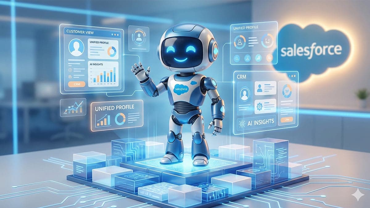 Salesforce AI agent robot standing on data platform surrounded by holographic displays showing unified customer profiles, CRM data, Informatica, and AI insights.