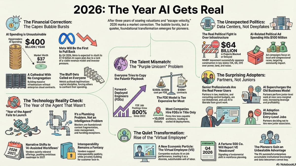 Infographic for 2026 AI predictions showing six key trends: The Capex Bubble Bursts with $400B hyperscaler spending versus $37B market and Meta pulling back first; The Year of the Agent That Wasn't highlighting plumbing problems over intelligence problems; The Purple Unicorn FDE talent mismatch with 800% job posting growth but only 10,000 qualified engineers globally; Data Center Politics with $64B in blocked projects and $100M in political advertising; Senior professionals as surprising AI adopters eliminating junior positions; and the rise of the Virtual Employee as a new economic particle with Fortune 500 companies reporting VE headcount by Q4 2026.