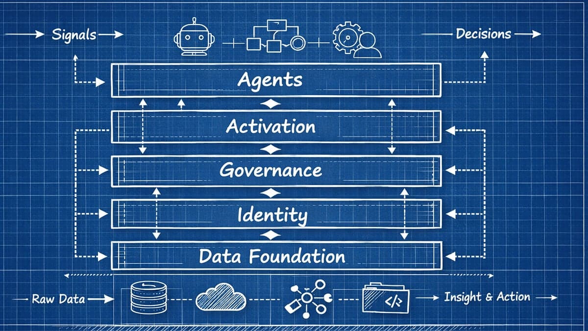 Agent Context Engine architecture blueprint showing five layers from Data Foundation through Identity, Governance, Activation to Agents, with raw data flowing to insight and action